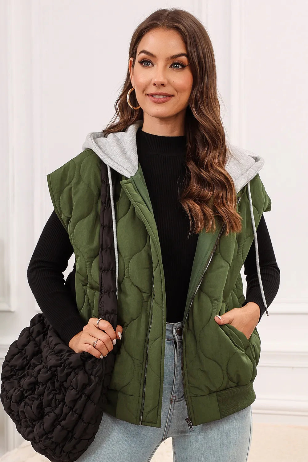 Drawstring Zip Up Hooded Vest Coat