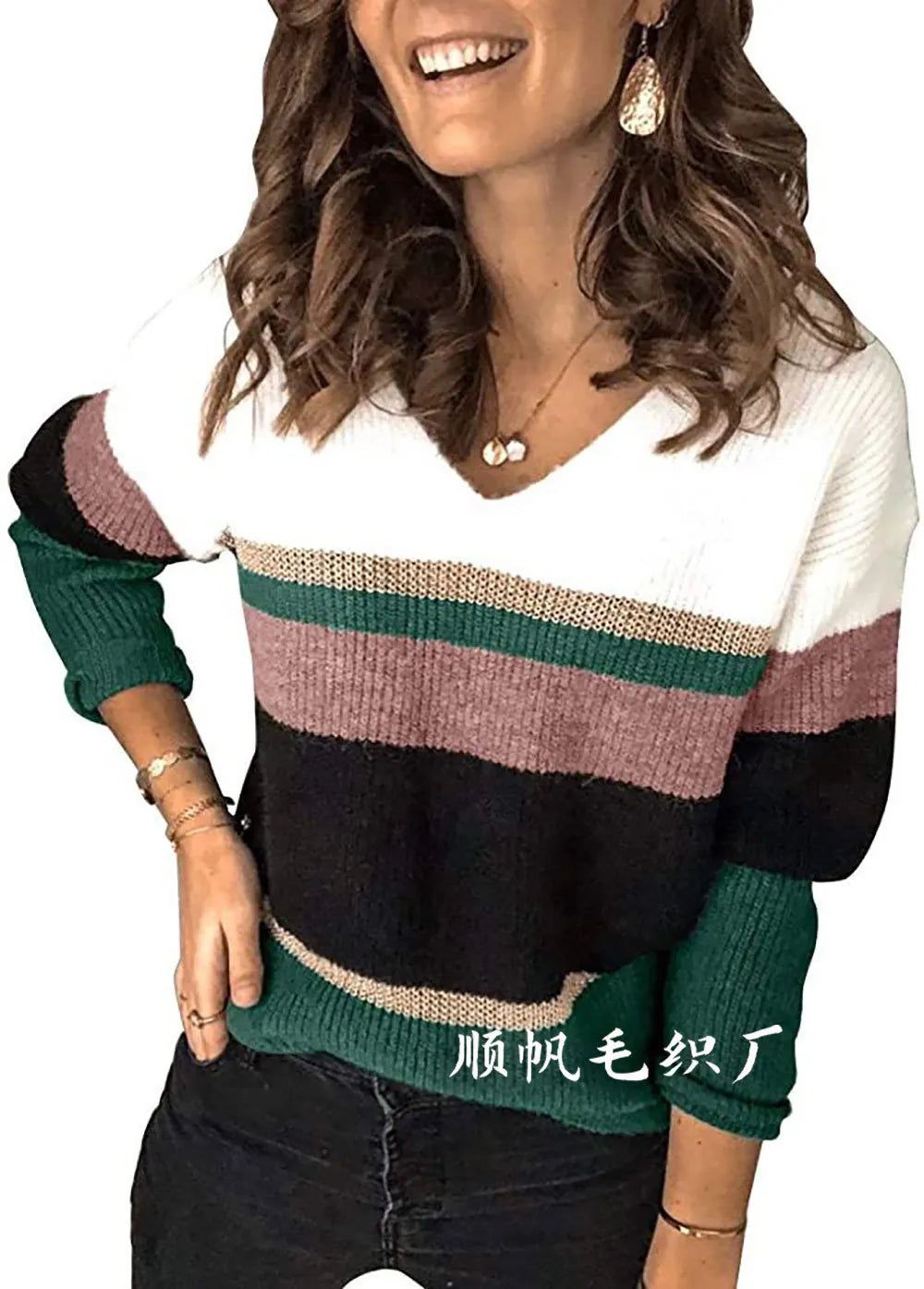 Striped Rib-Knit V-Neck Sweater