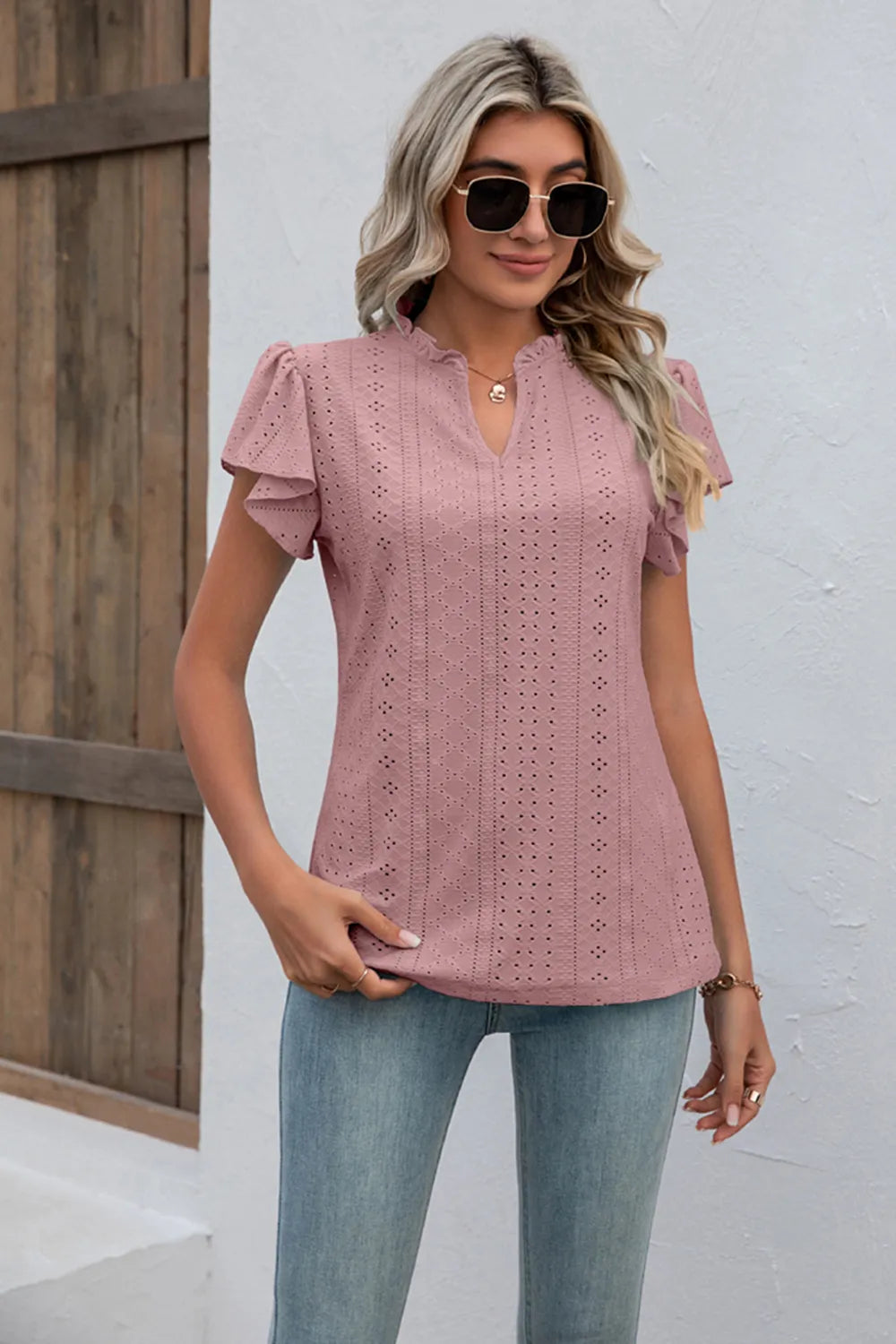 Eyelet Notched Neck Flutter Sleeve Top