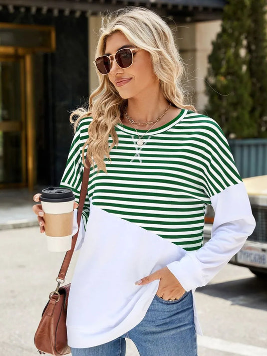 Slit Contrast Striped Long Sleeve Sweatshirt