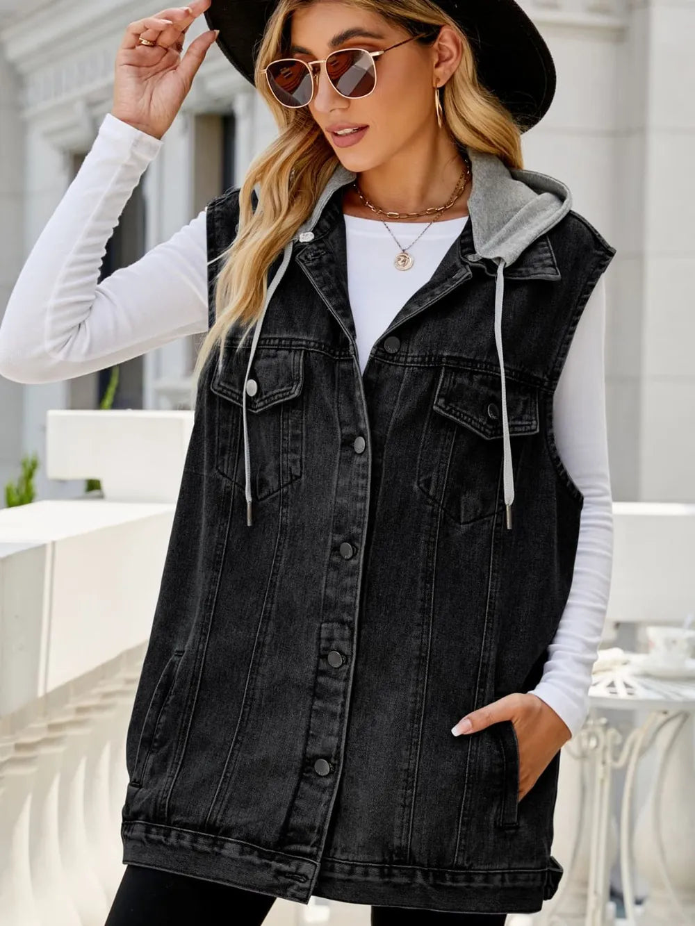 Drawstring Hooded Sleeveless Denim Top with Pockets