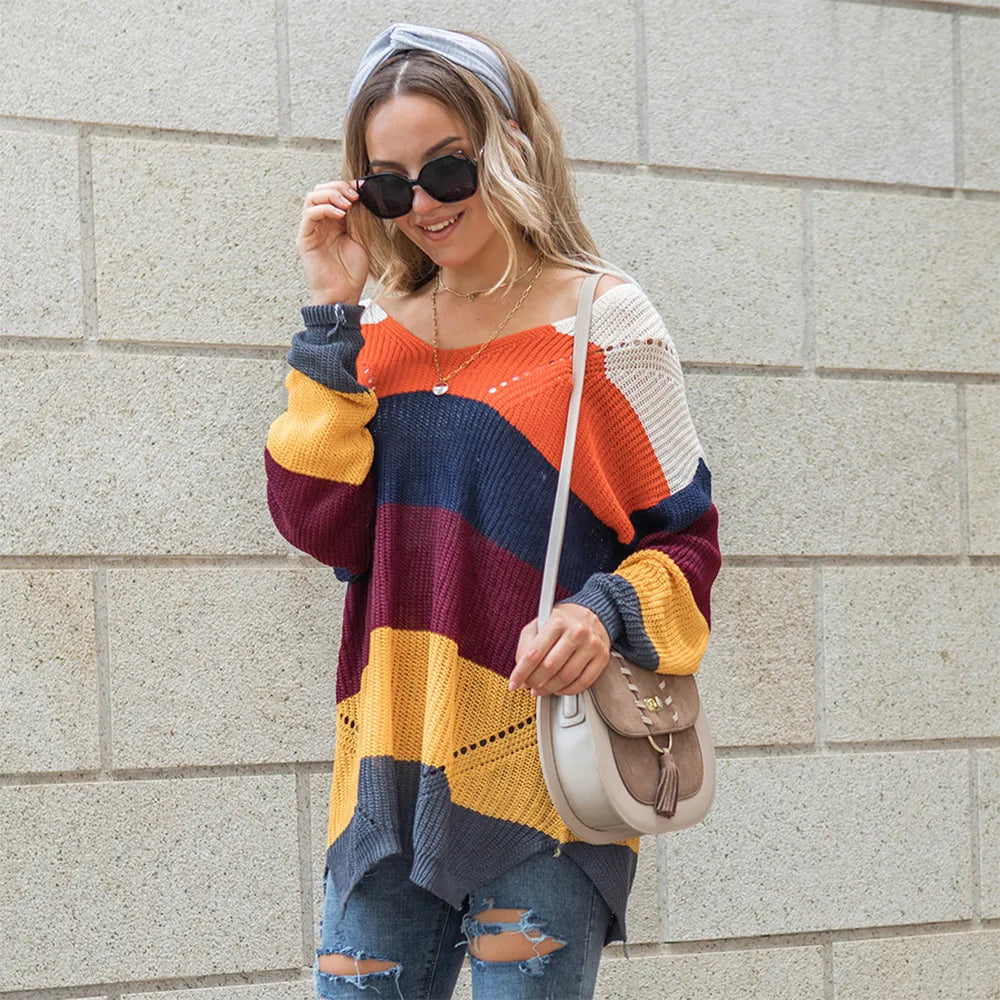 Color Block Openwork Long Sleeve Sweater