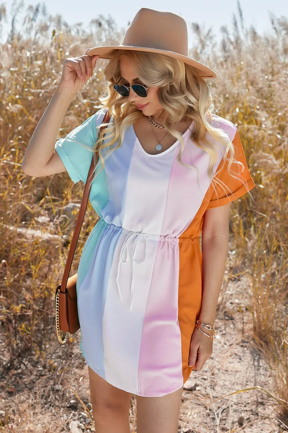 Multicolored Drawstring Waist V-Neck Dress