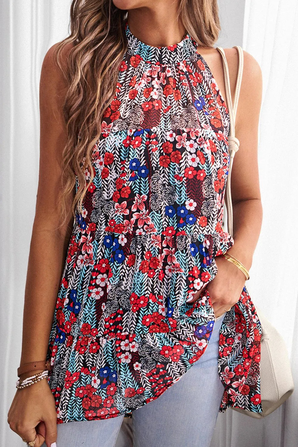 Floral Tied Grecian Neck Tank