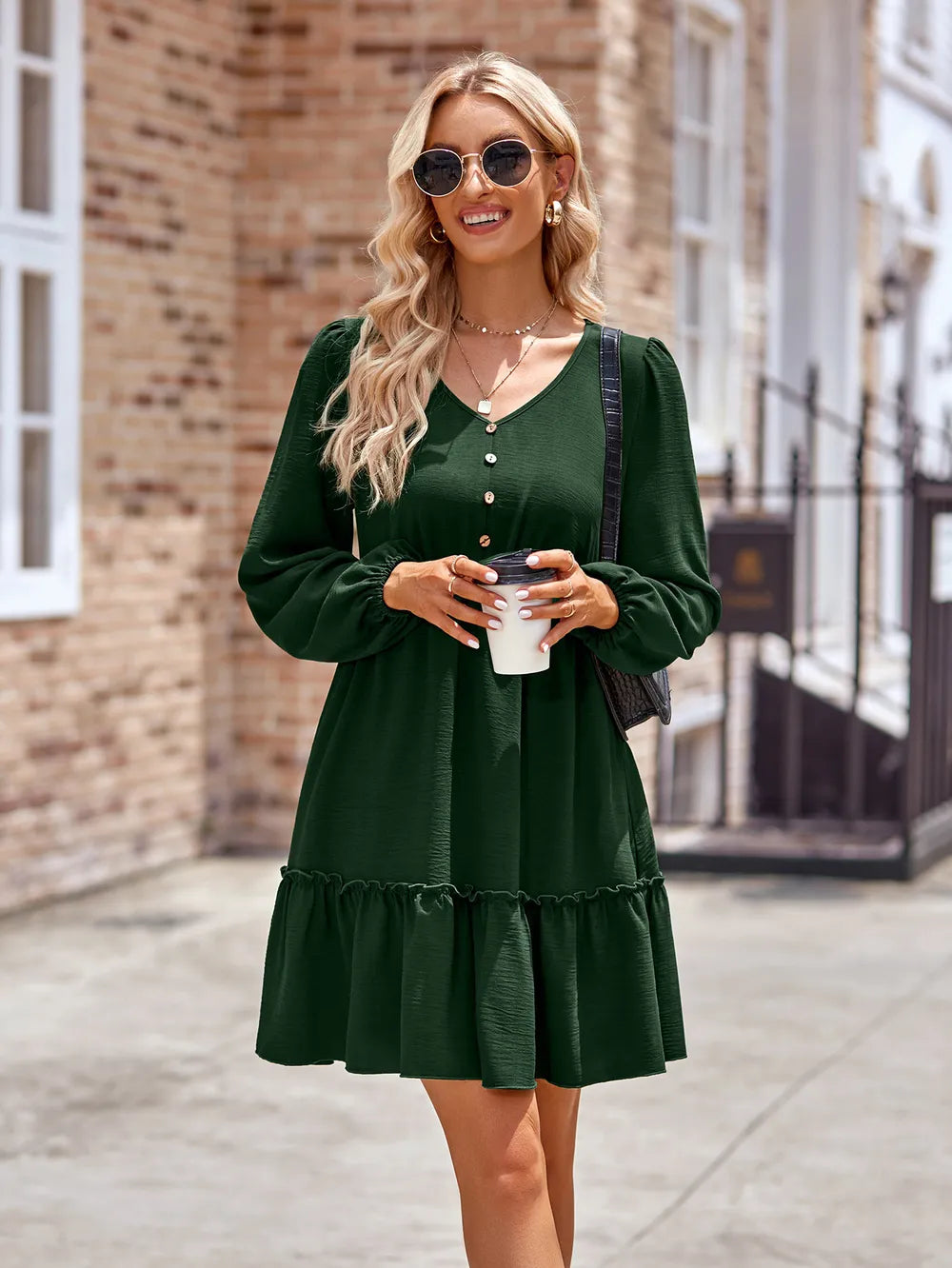 Frill Trim Buttoned V-Neck Puff Sleeve Dress