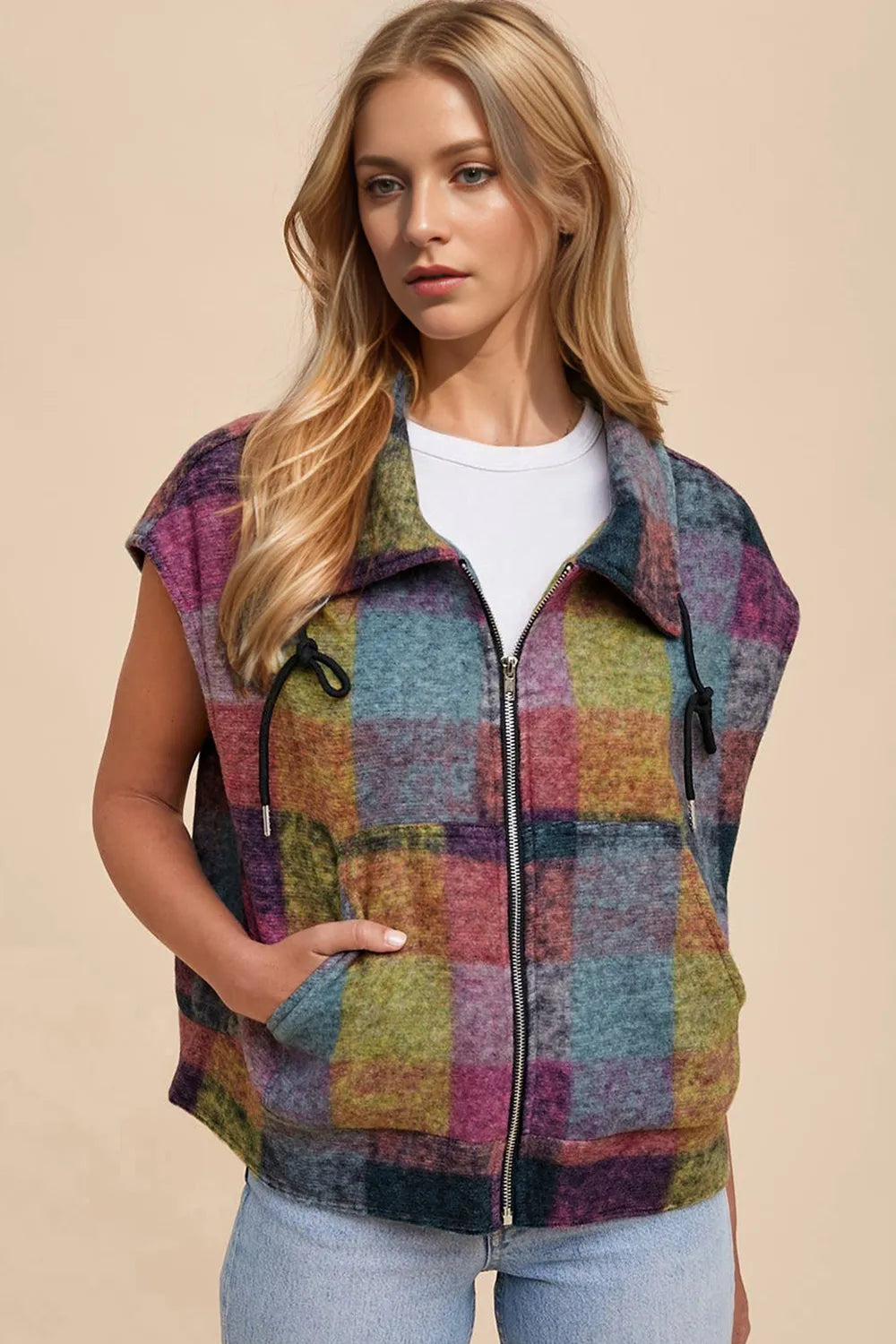 Double Take Full Size Zip Up Plaid Vest Coat with Pockets