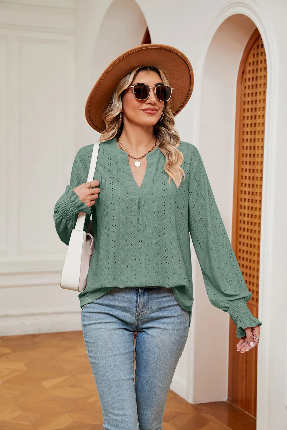 Notched Neck Flounce Sleeve Blouse
