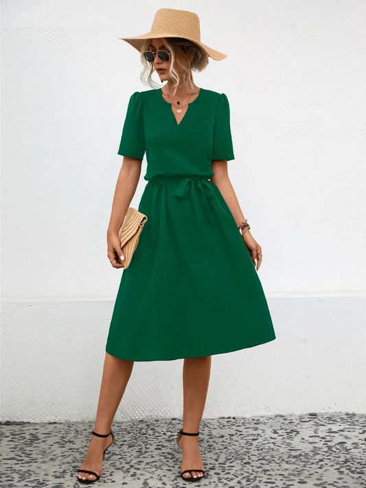 Tied Notched Short Sleeve Dress