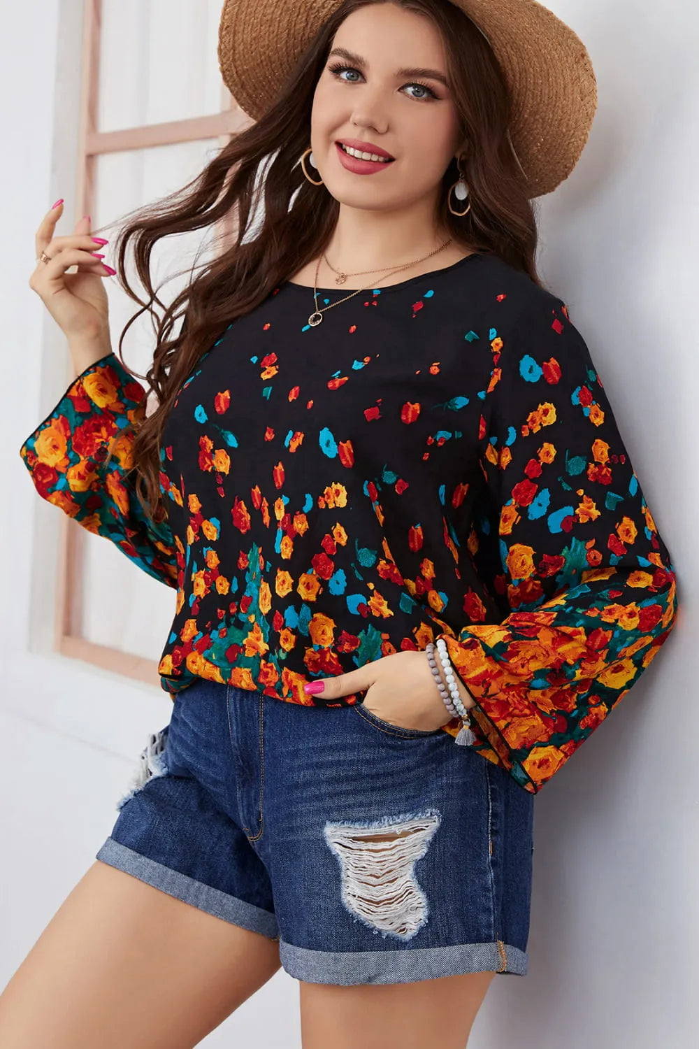 Melo Apparel Plus Size Floral Round Neck Long Sleeve Blouse