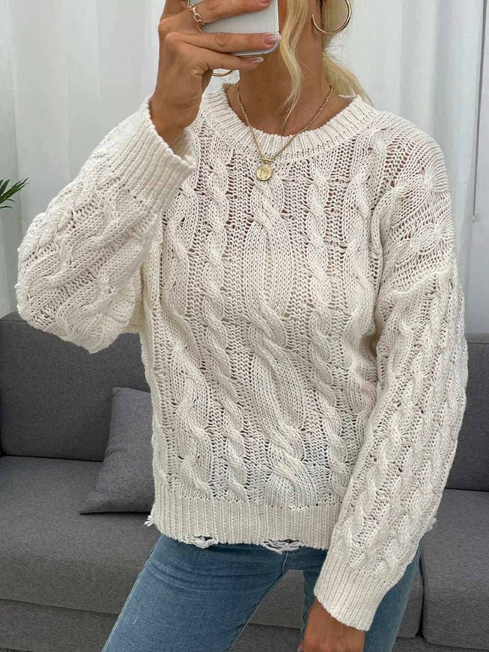 Openwork Distressed Long Sleeve Sweater