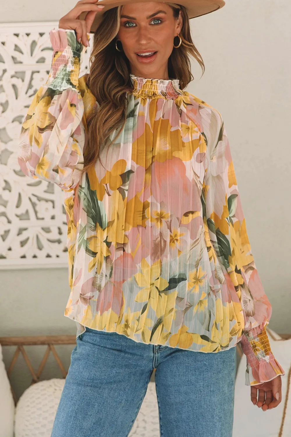 Floral Smocked Mock Neck Pleated Blouse