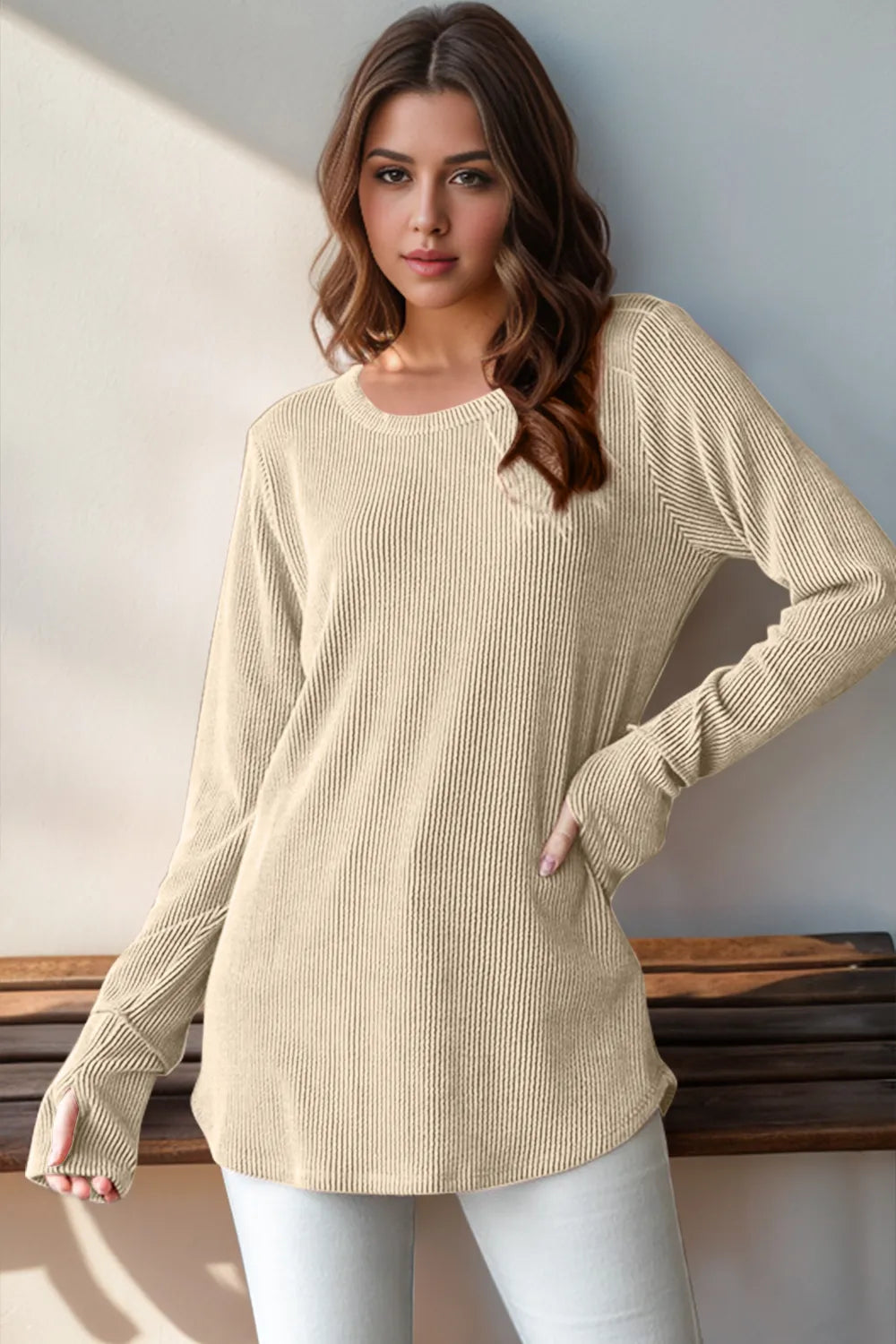 Double Take Full Size Round Neck Thumbhole Long Sleeve T-Shirt