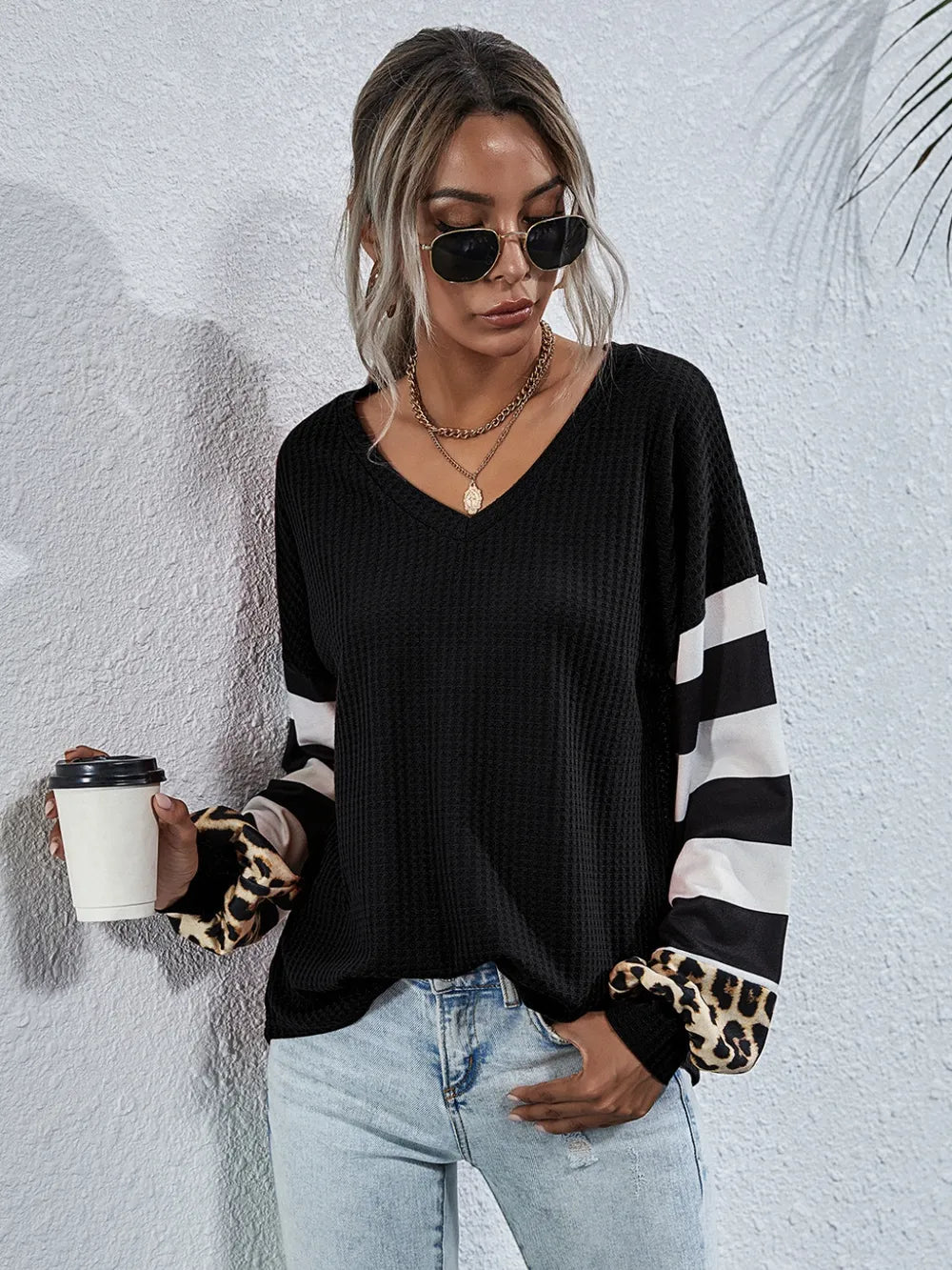 Leopard Striped Waffle-Knit Top