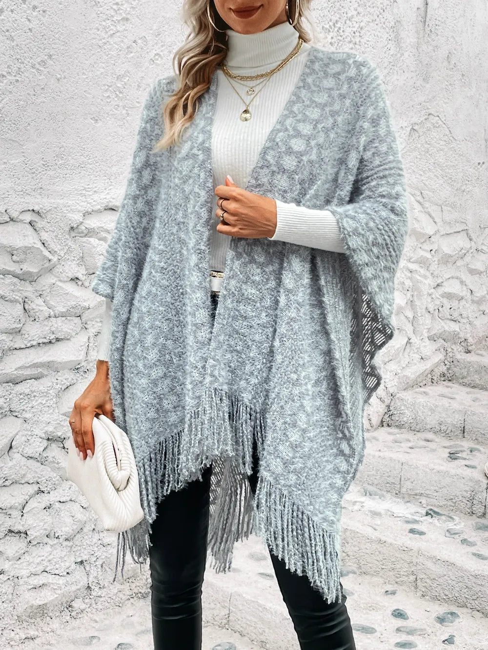 Open Front Fringe Hem Poncho