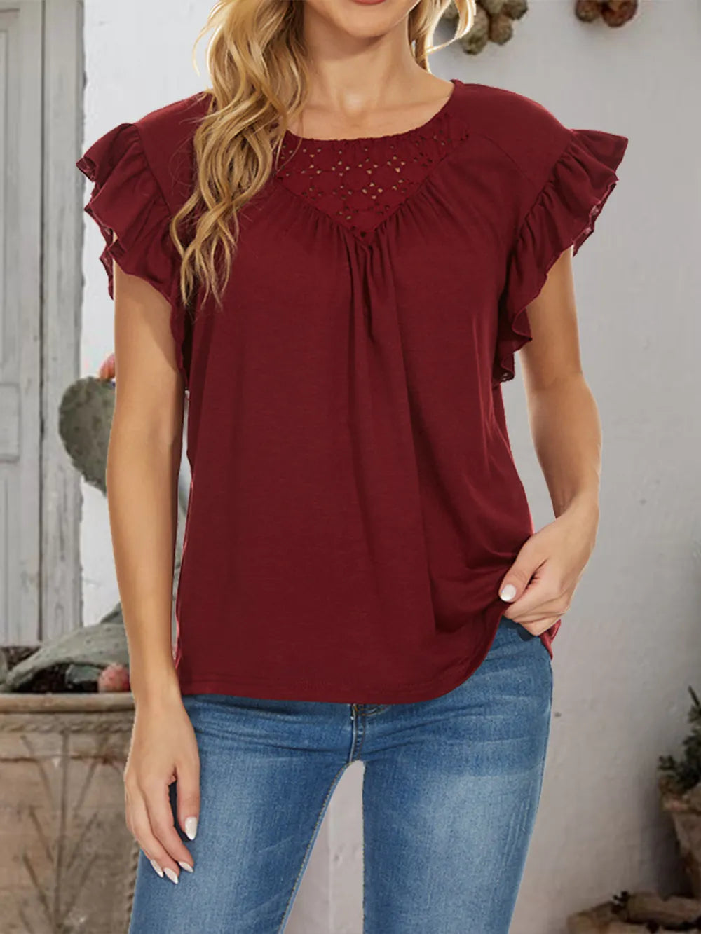 Ruffled Round Neck Cap Sleeve T-Shirt