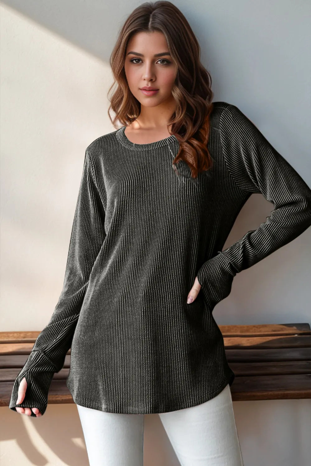 Double Take Full Size Round Neck Thumbhole Long Sleeve T-Shirt