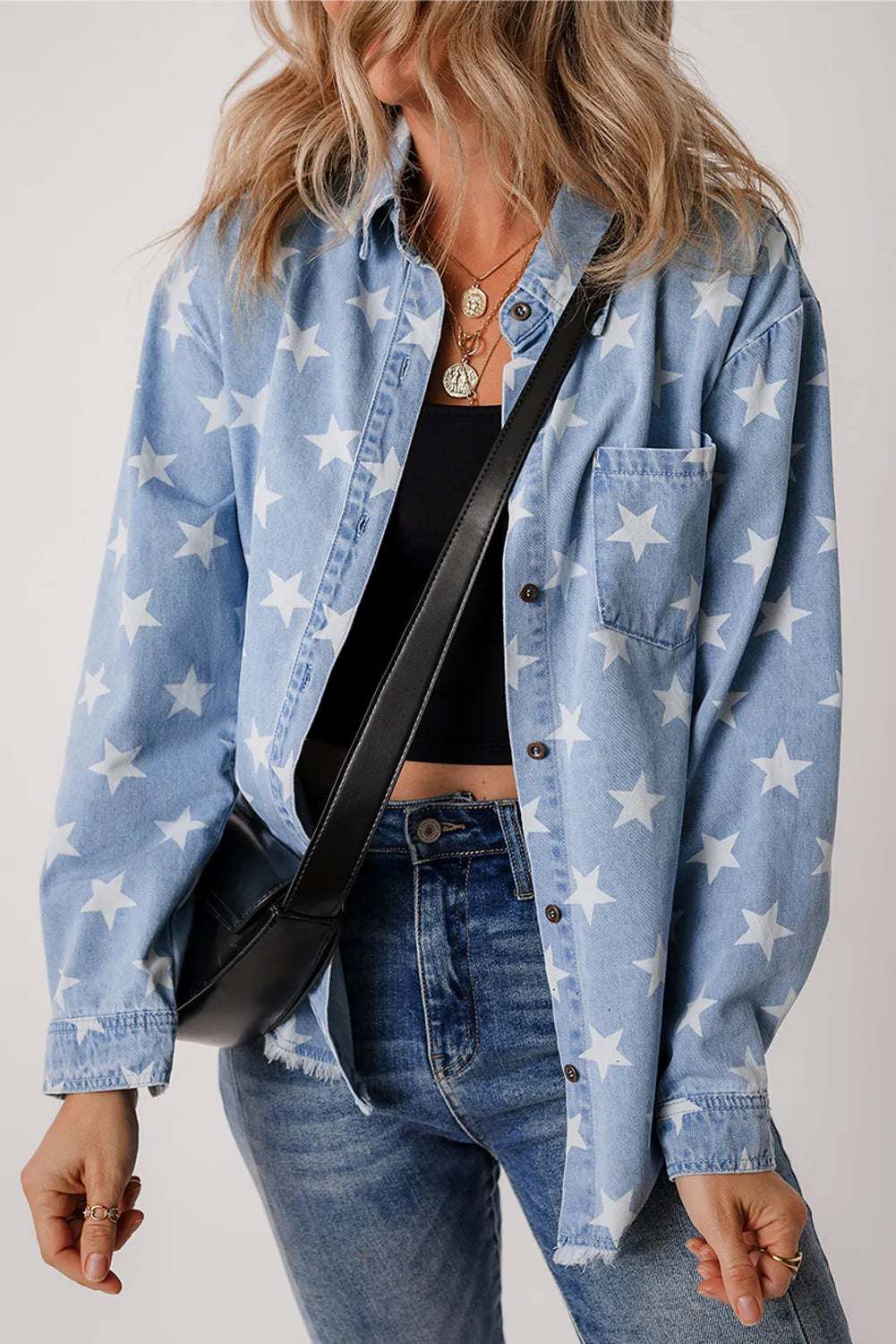 Star Button Up Long Sleeve Denim Jacket