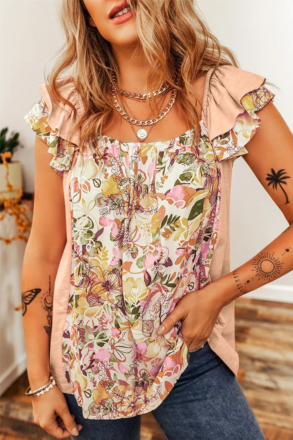 Ruffled Floral Square Neck Blouse