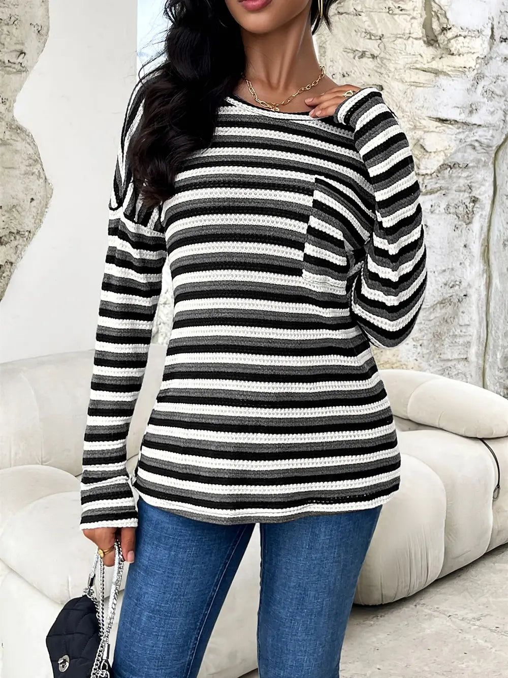 Striped Drop Shoulder Long Sleeve T-Shirt