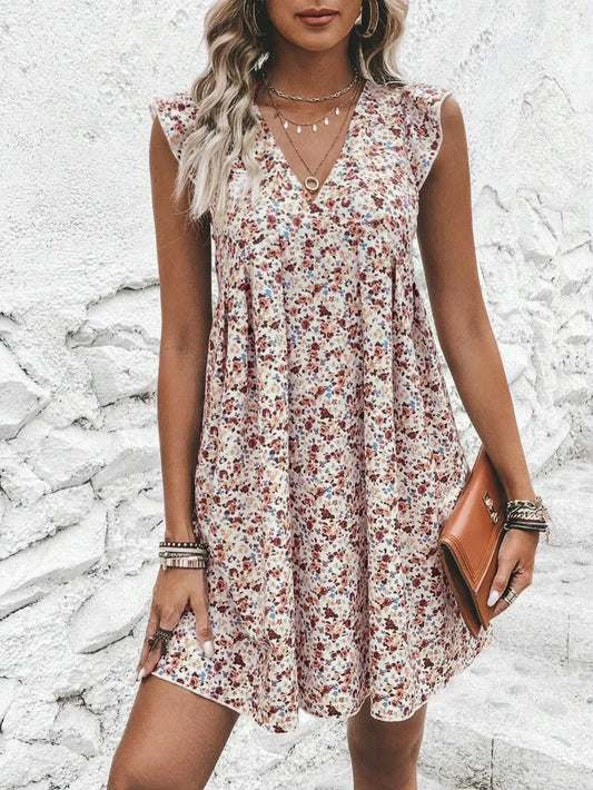 Printed V-Neck Cap Sleeve Mini Dress