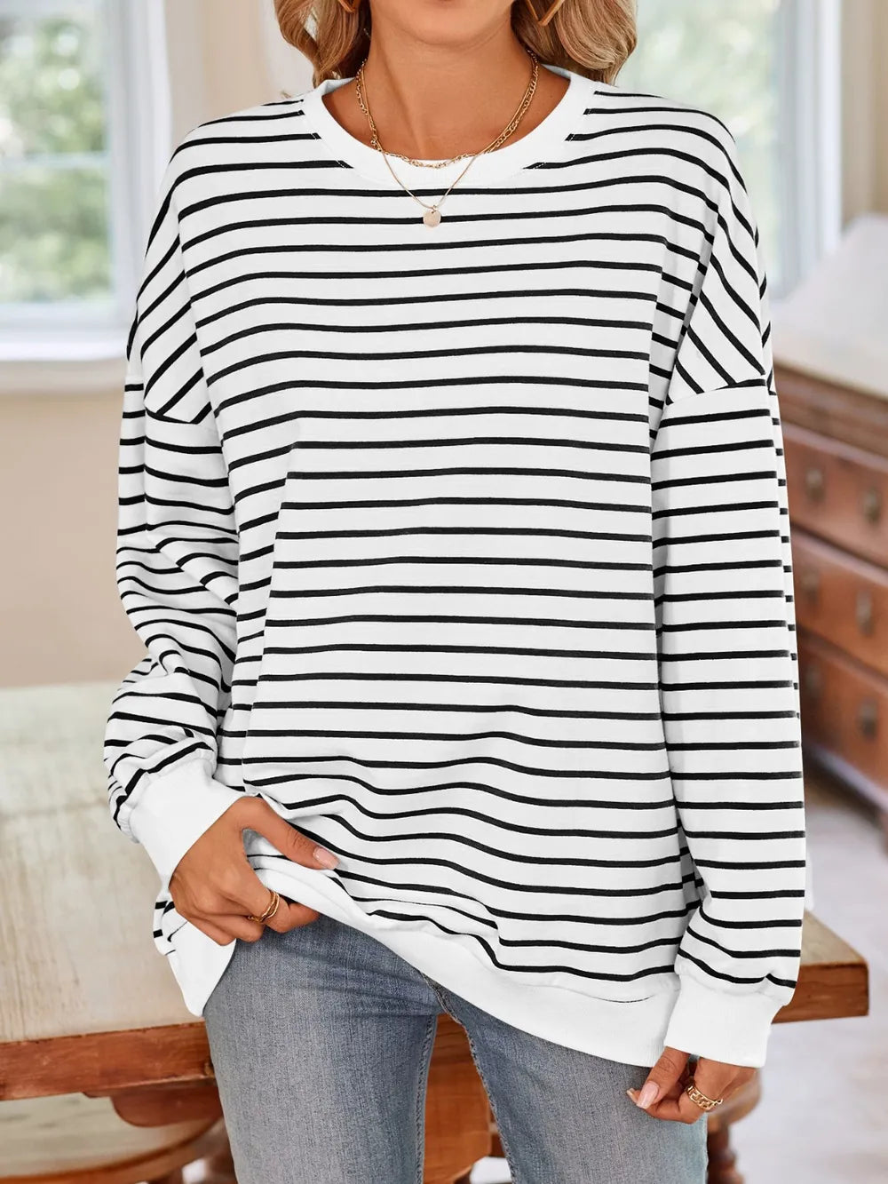 Striped Round Neck Long Sleeve Sweatshirt