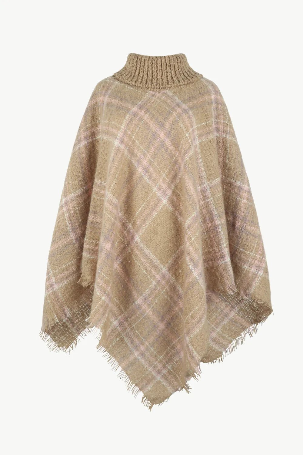 Plaid Turtleneck Fringe Hem Poncho