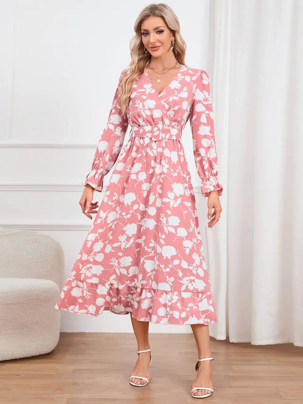 Floral Surplice Flounce Sleeve Ruffle Hem Dress