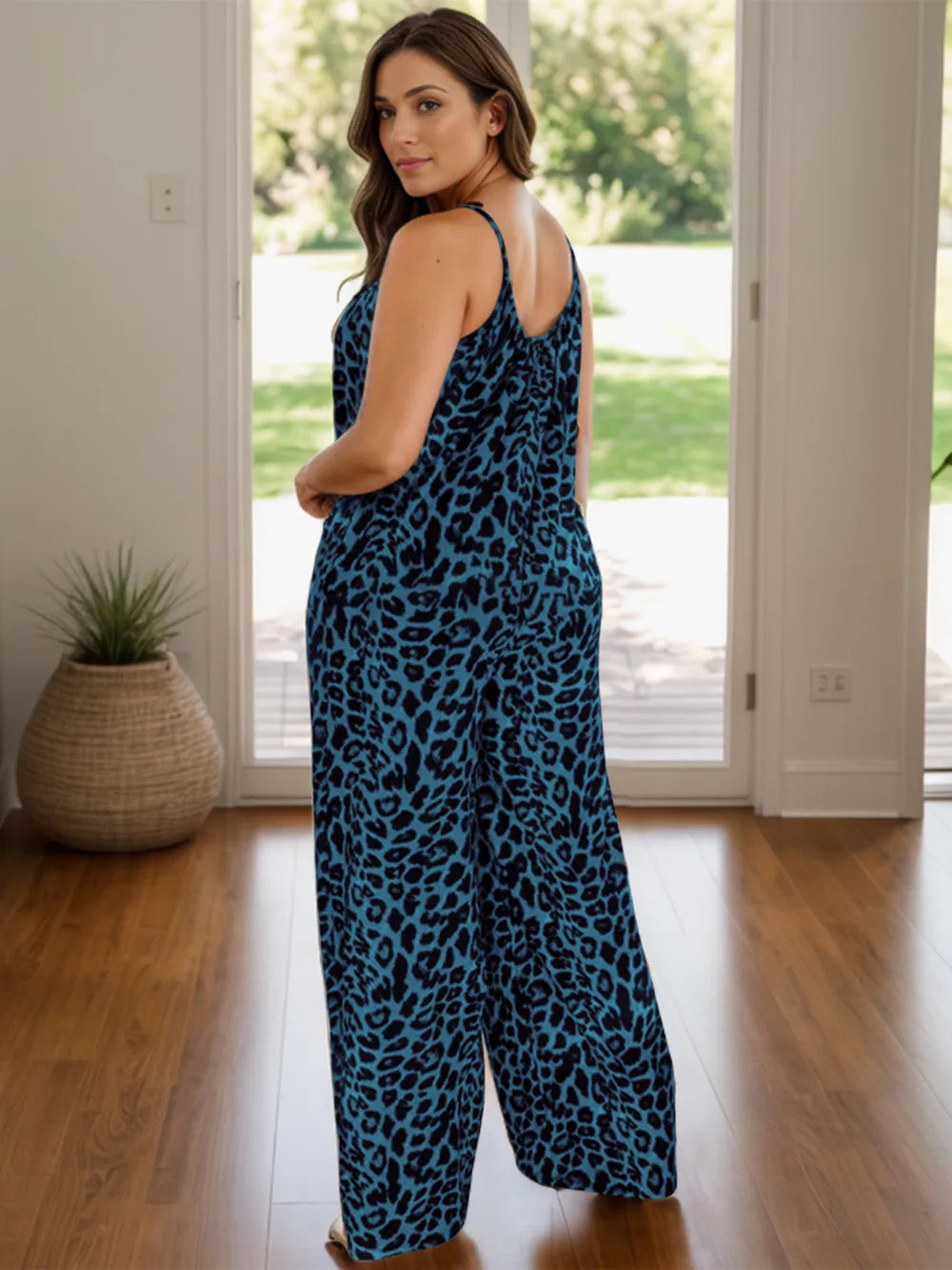 Full Size Leopard Scoop Neck Wide Leg Jumpsuit