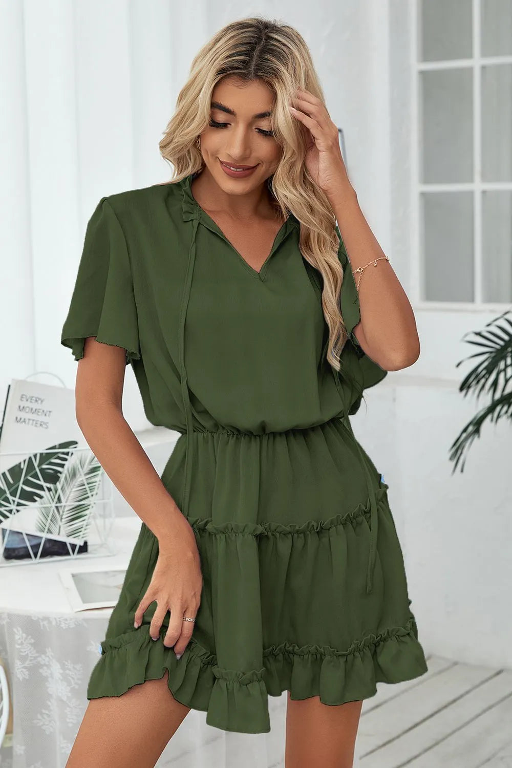 Tie Neck Frill Trim Short Sleeve Mini Dress