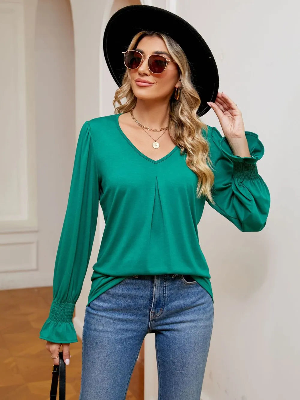 V-Neck Flounce Sleeve Blouse