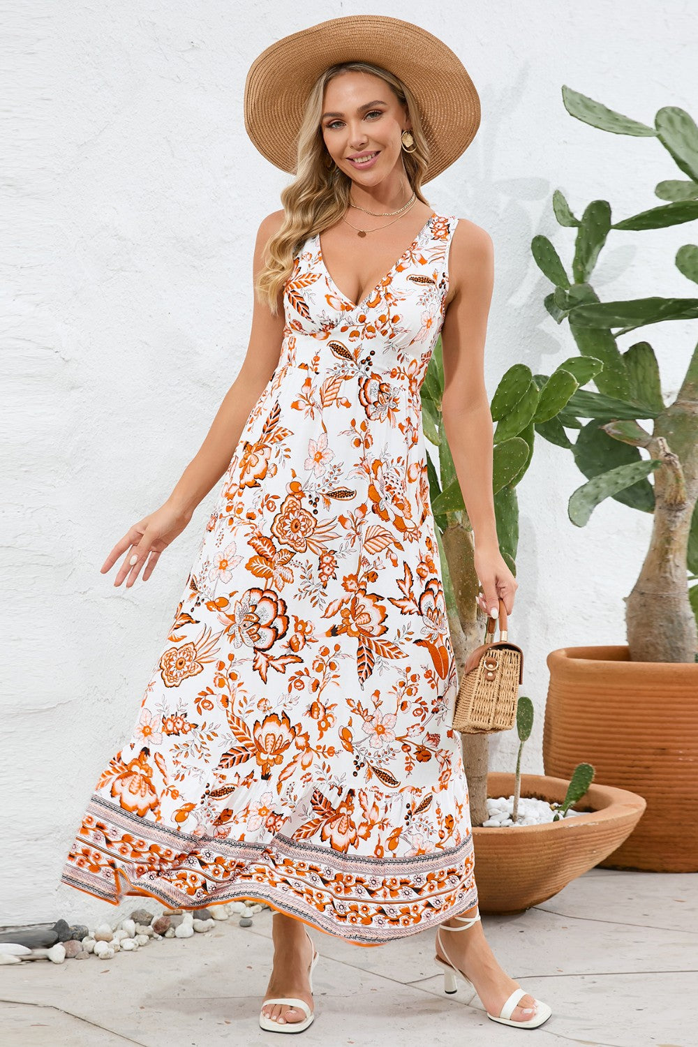 Printed V-Neck Wide Strap Dress