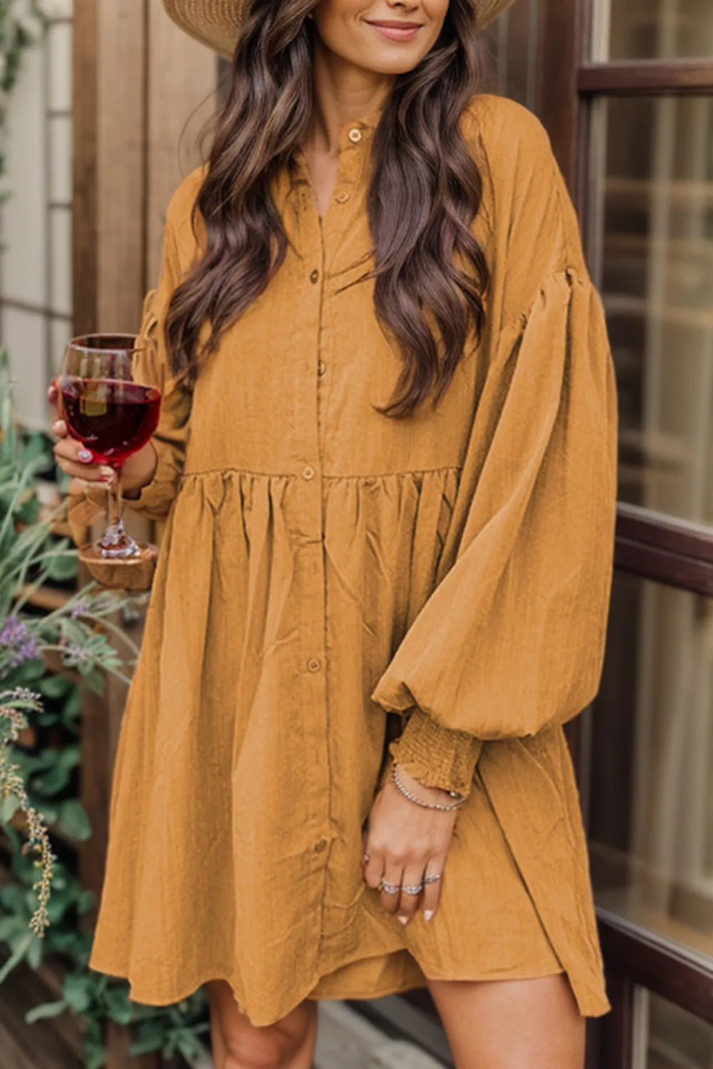 Button Up Lantern Sleeve Mini Shirt Dress