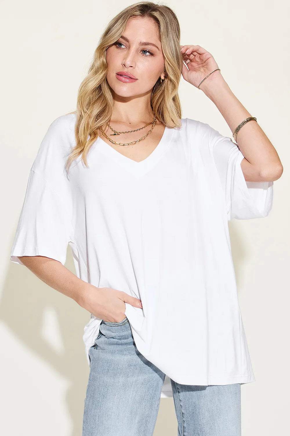 Basic Full Size Bamboo V-Neck Drop Shoulder T-Shirt