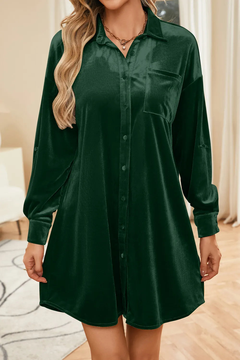 Velvet Collared Neck Long Sleeve Mini Dress