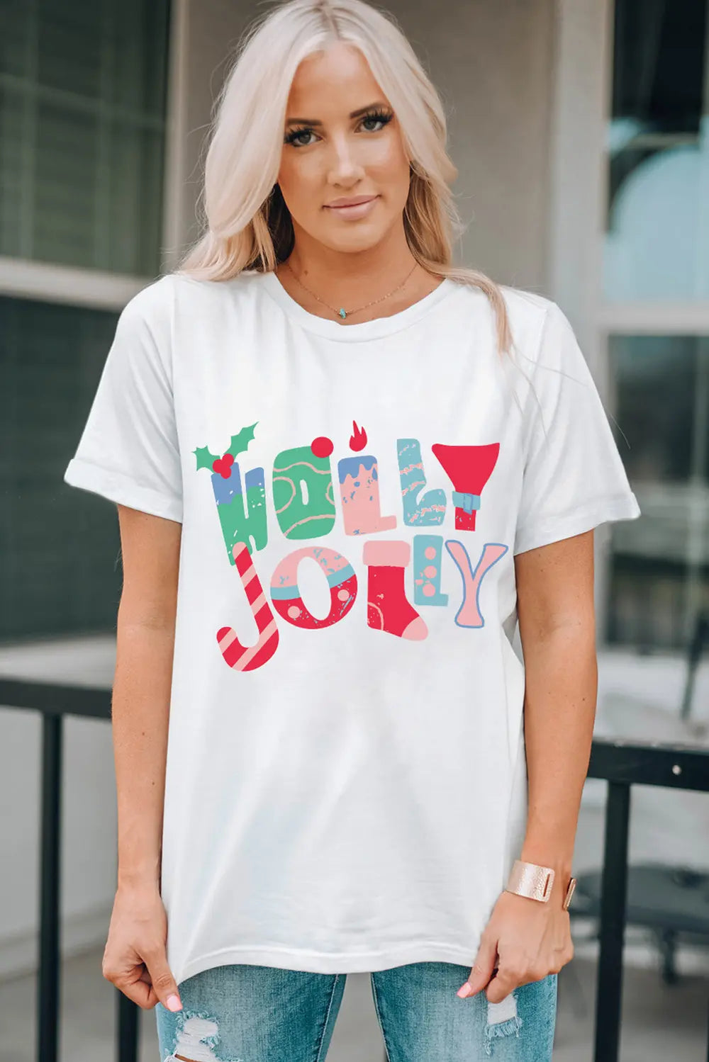 HOLLY JOLLY Round Neck Short Sleeve T-Shirt