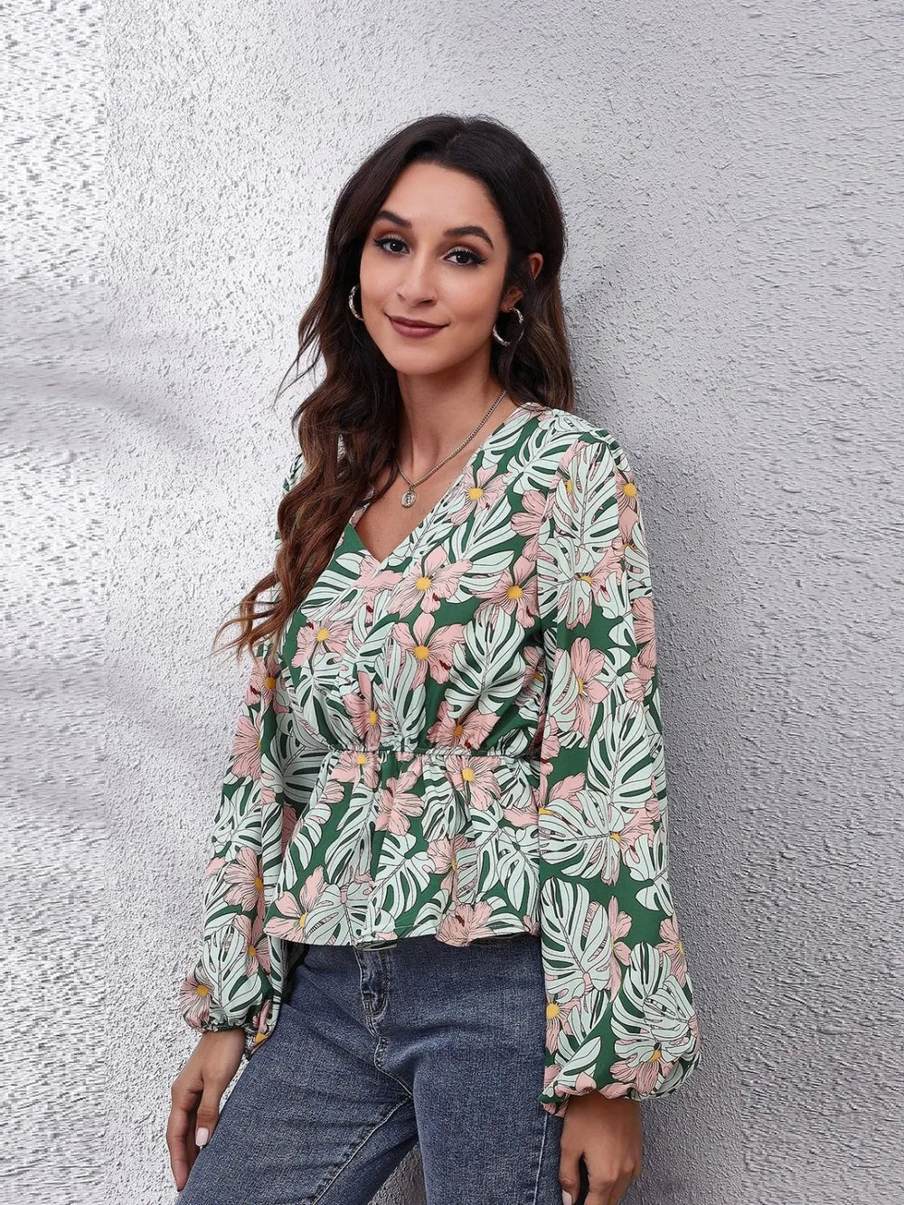 Ruched Printed V-Neck Long Sleeve Blouse