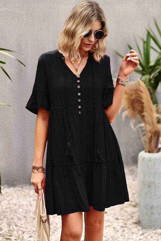 Tie Neck Buttoned Flounce Sleeve Dress