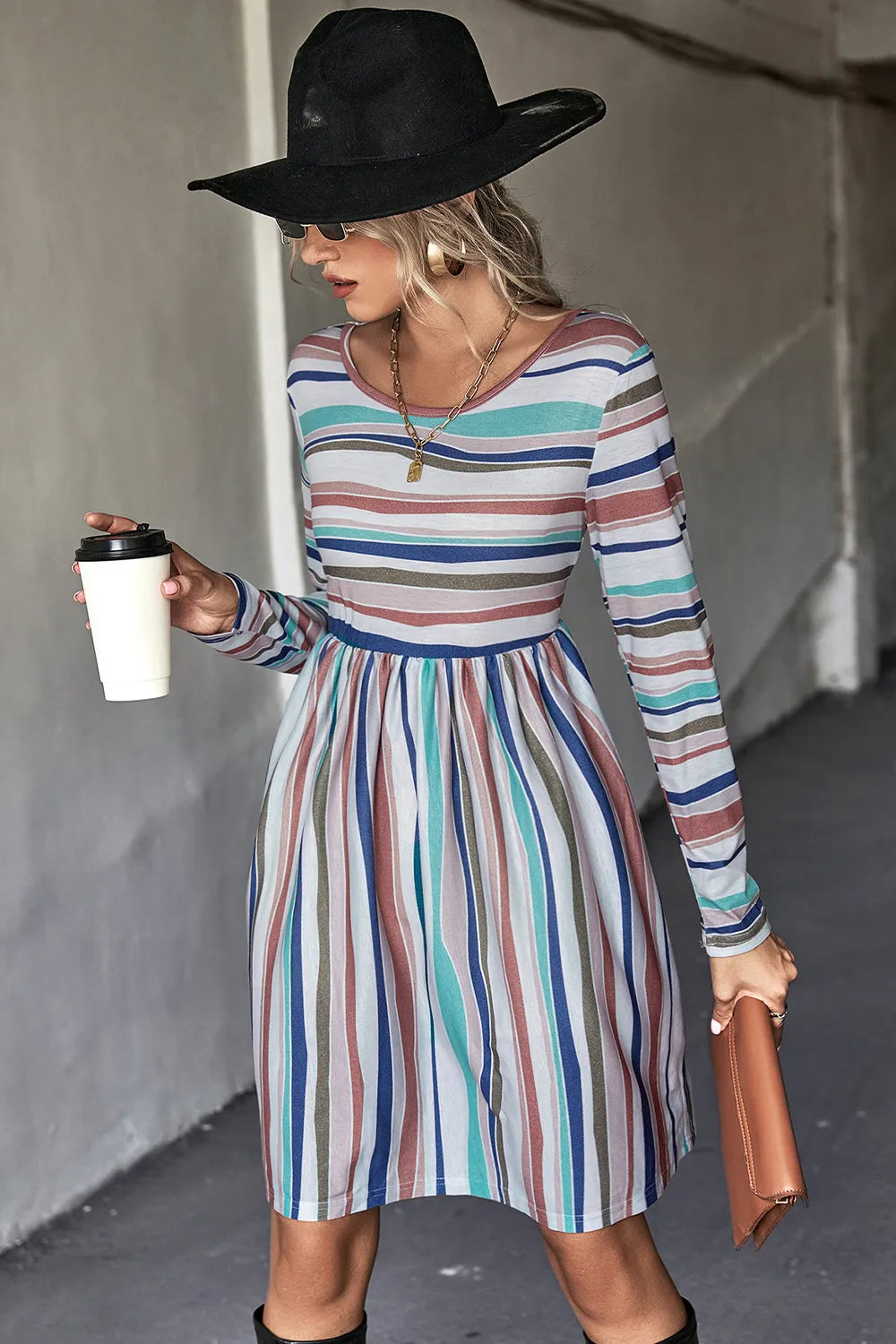 Striped Round Neck Long Sleeve Tee Dress