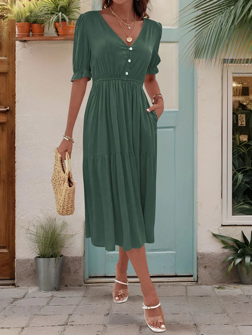 Ruched V-Neck Half Sleeve Midi Dress