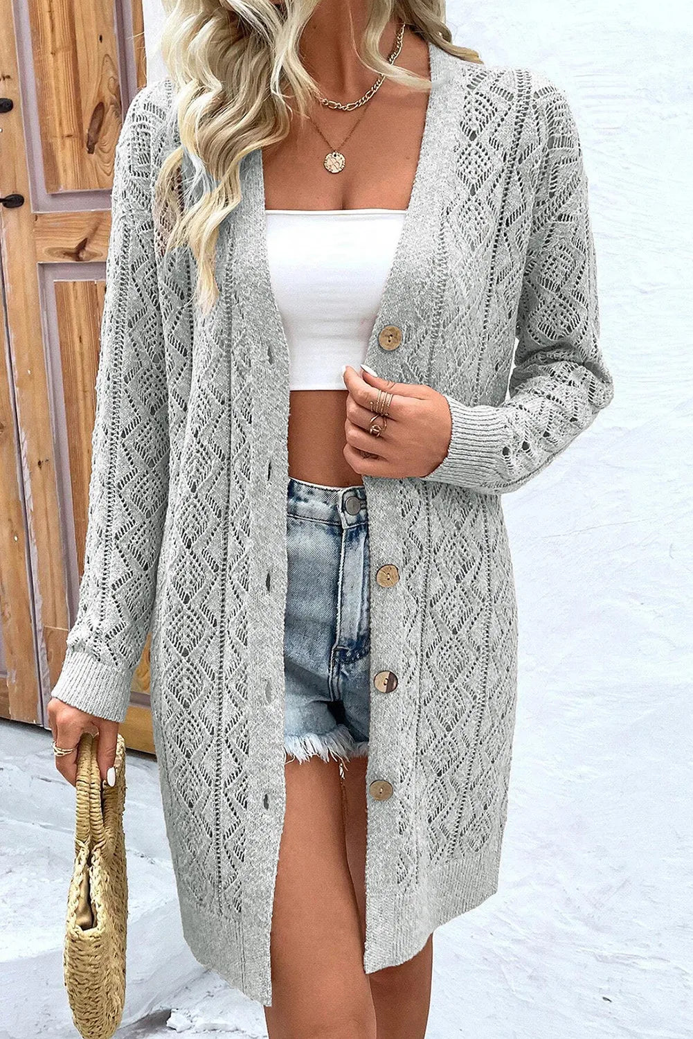 Openwork Button Down Long Sleeve Cardigan