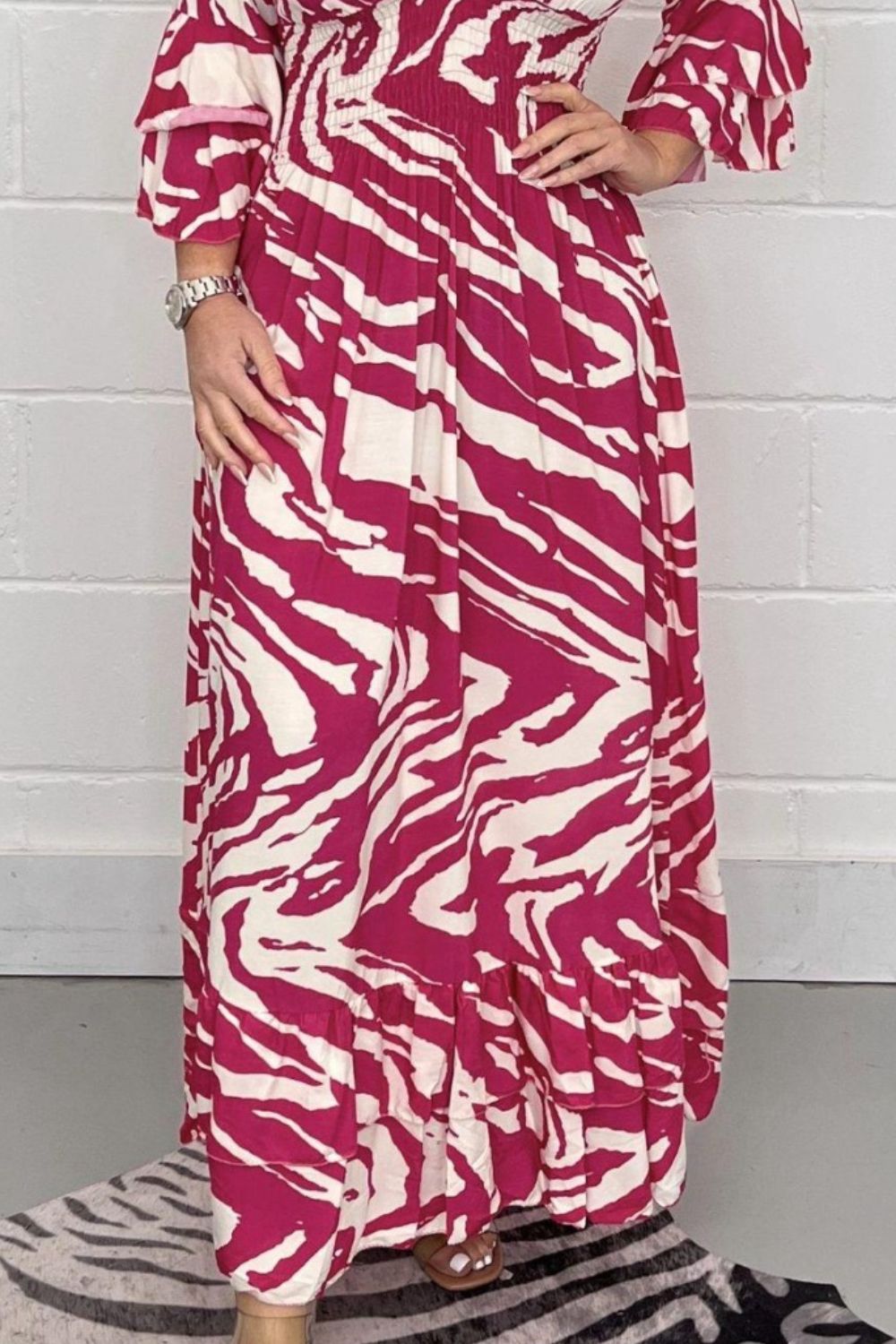 Smocked Printed Flounce Sleeve Maxi Dress