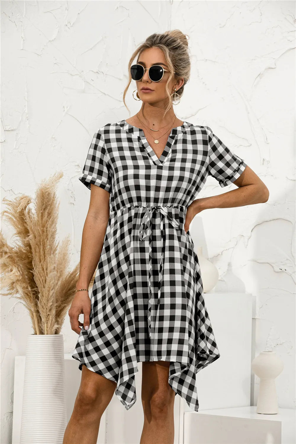 V-Neck Plaid  Asymmetrical Trim Dress