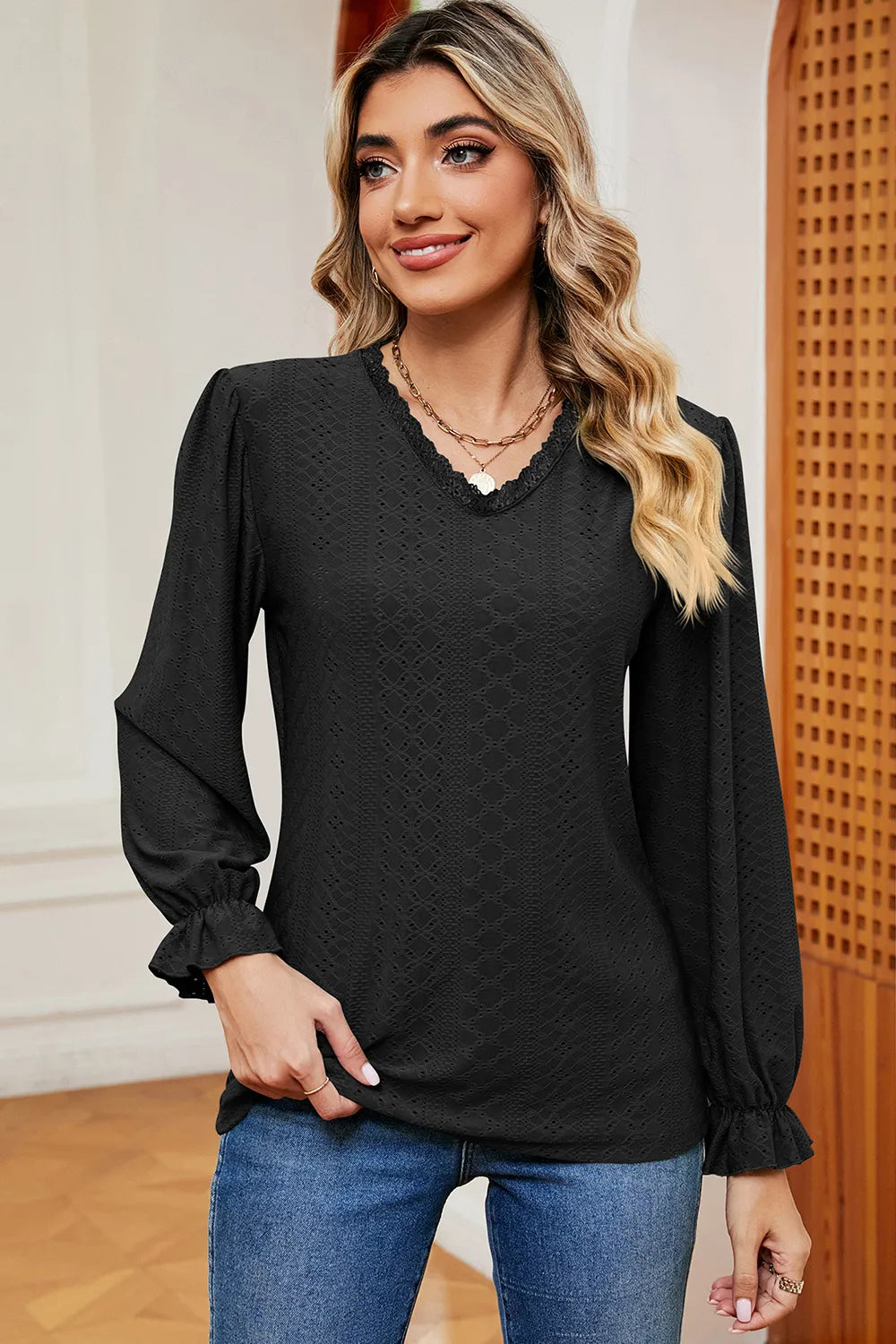 Eyelet V-Neck Flounce Sleeve T-Shirt