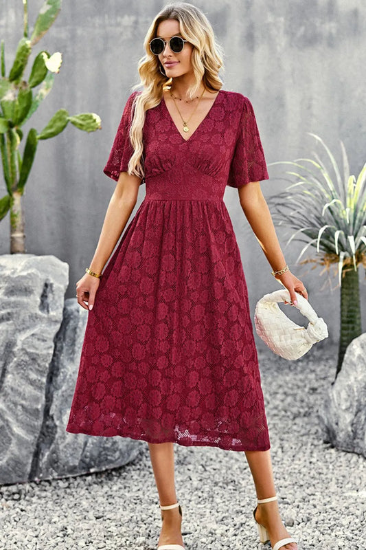 V-Neck Puff Sleeve Lace Midi Dress