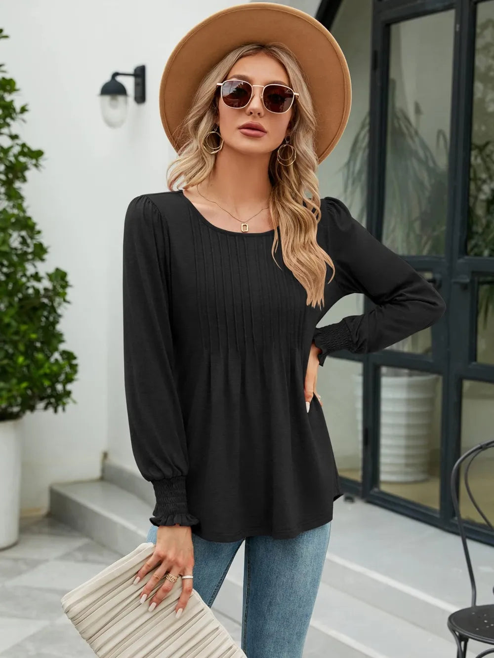 Smocked Round Neck Lantern Sleeve Blouse