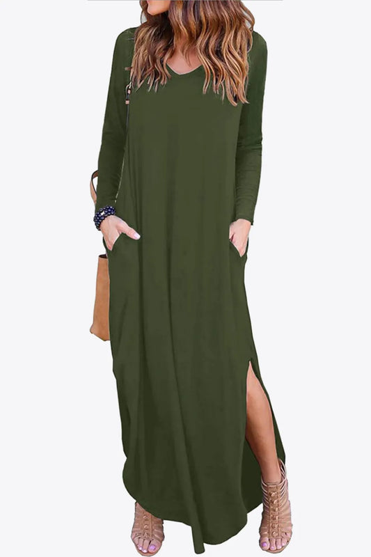 Split Long Sleeve V-Neck Maxi Dress