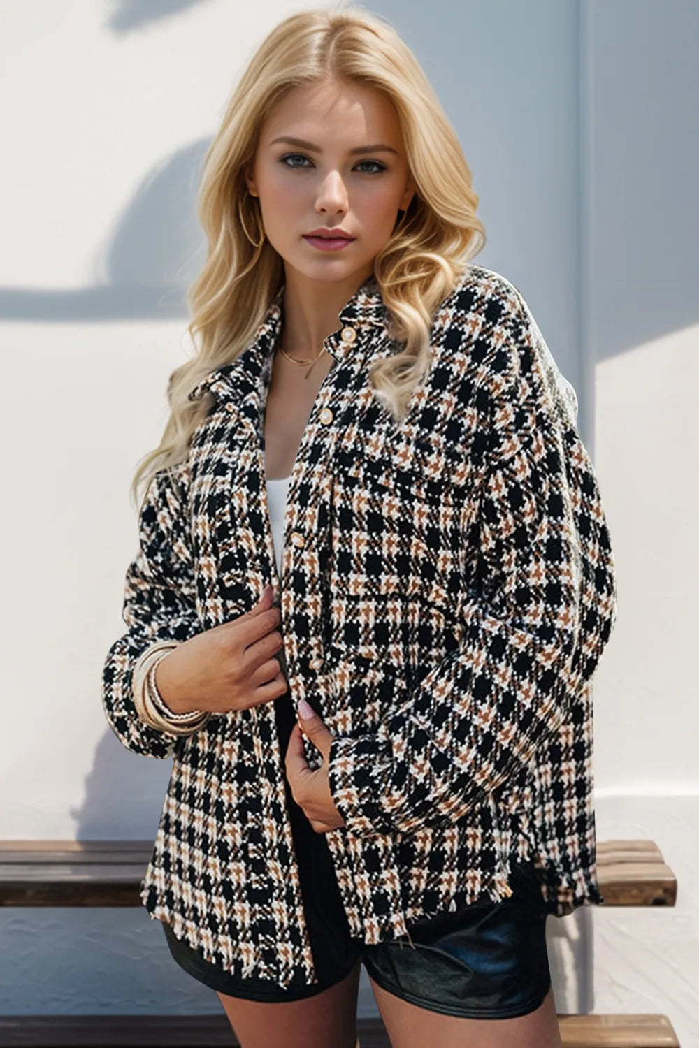 Double Take Full Size Button Up Houndstooth Shacket