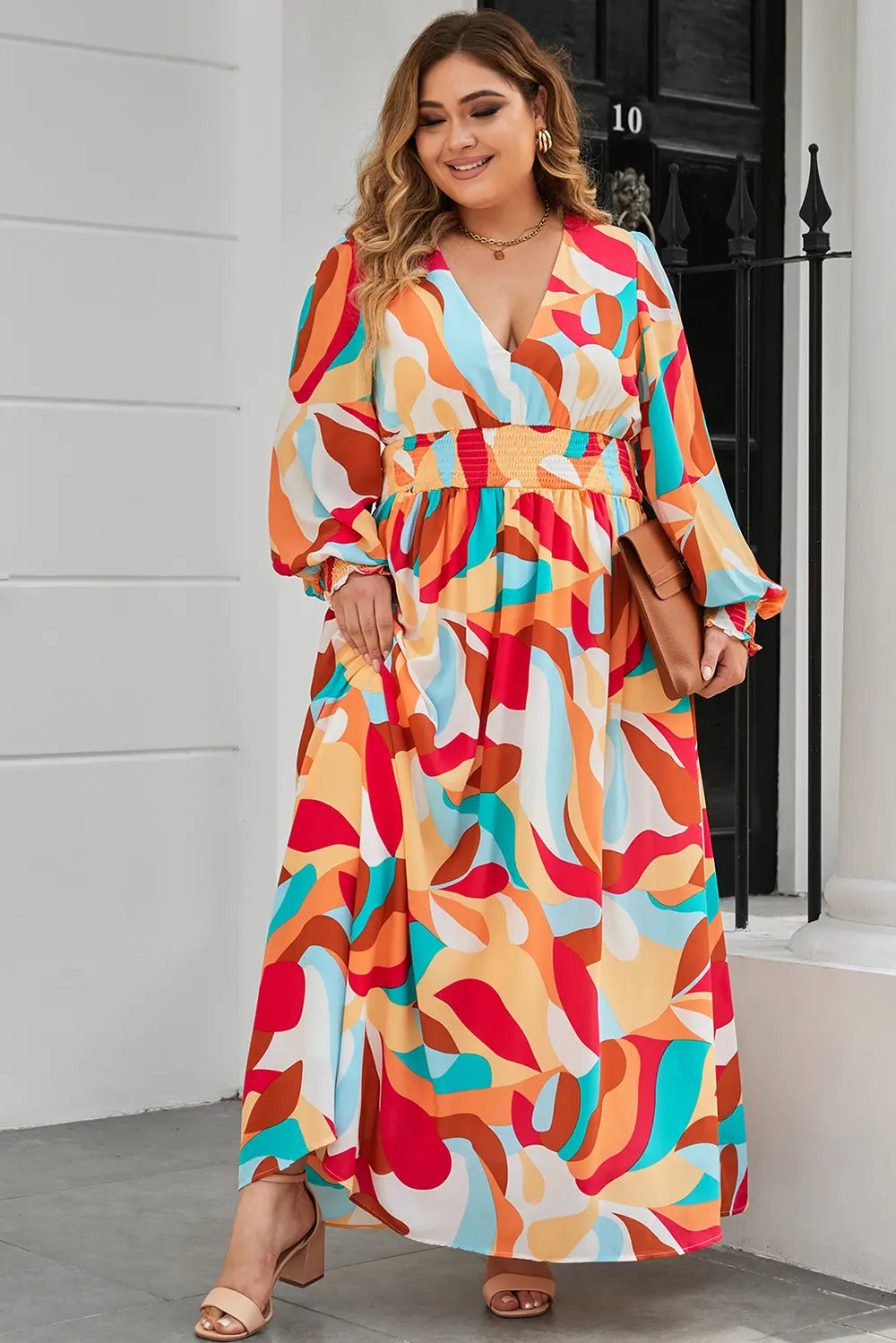 Plus Size Printed Lantern Sleeves V-Neck Dress