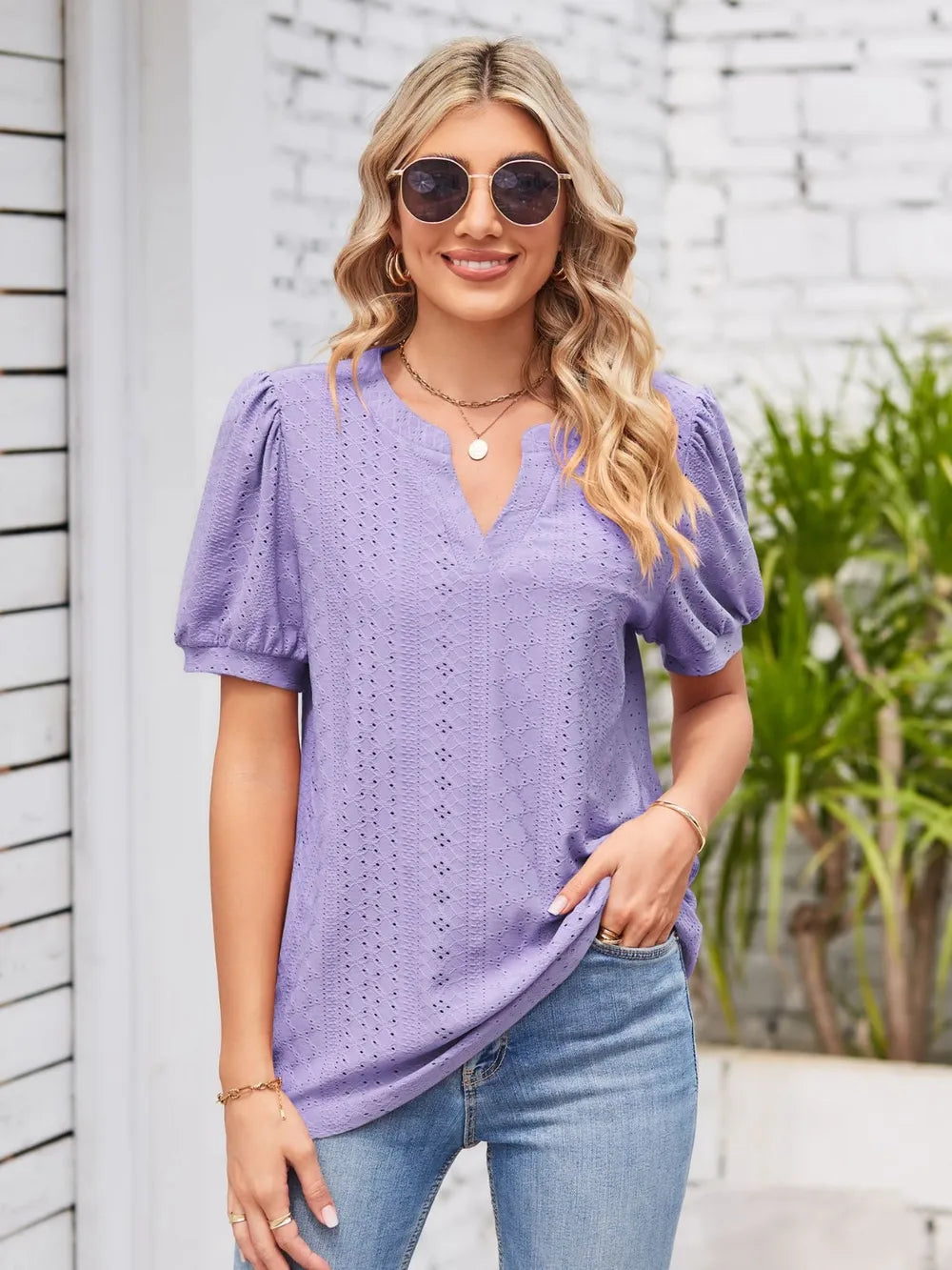 Eyelet Notched Short Sleeve Blouse