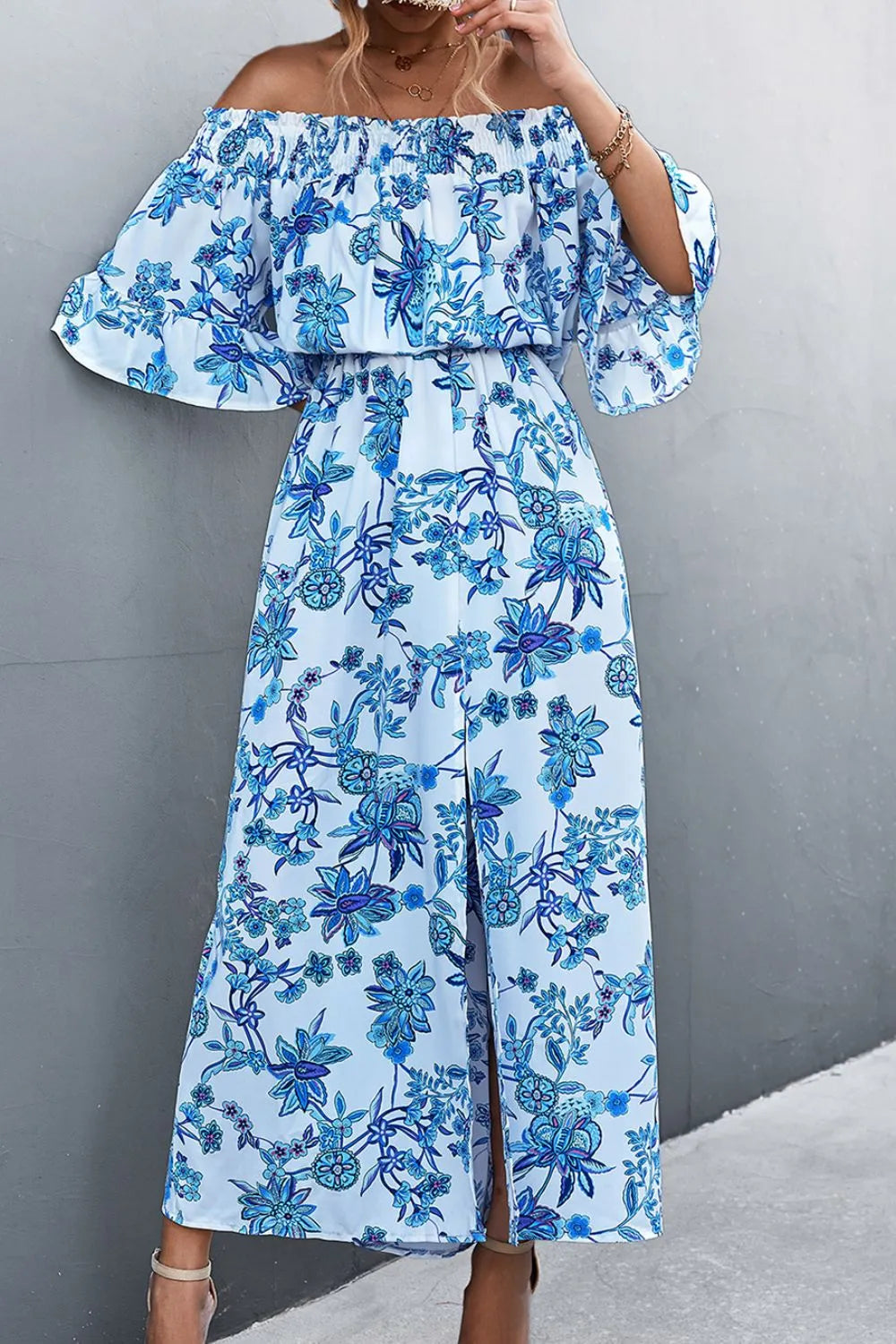 Floral Off-Shoulder Front Split Dress